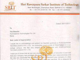 Robotics workshop appreciation letter by Shri Rawatpura Sarkar Institute of Technology